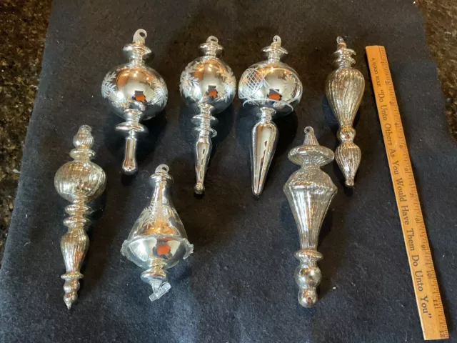 Vintage (lot of 6)  Silver Mercury Glass Finial Christmas Ornaments Antique