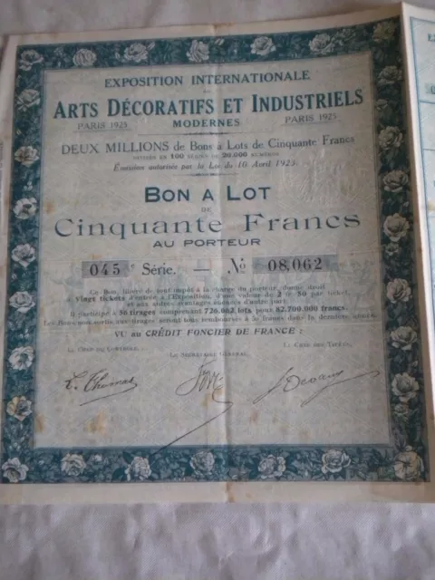Vintage share certificate Stock Bonds Exposition universelle art decoratifs 1925