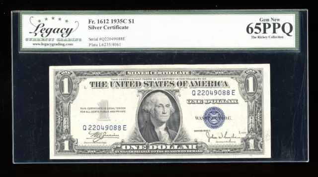 DBR 1935-C $1 Silver Gem Fr. 1612 QE Block Legacy 65 PPQ Serial Q22049088E