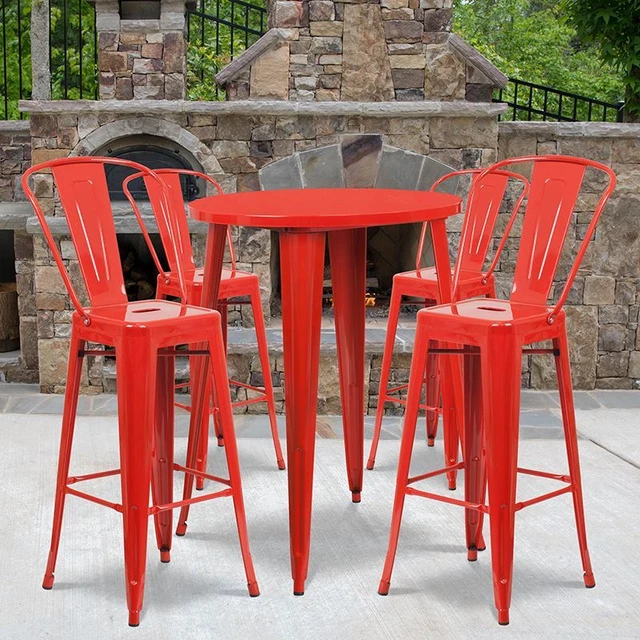 Commercial Grade 30" Round Red Metal Indoor/Outdoor Bar Table Set w/4 Cafe Stool