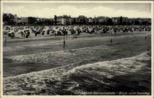 Świnoujście Ostseebad Swinemünde Polen s/w AK 1939 Strandpartie vom Seesteg aus