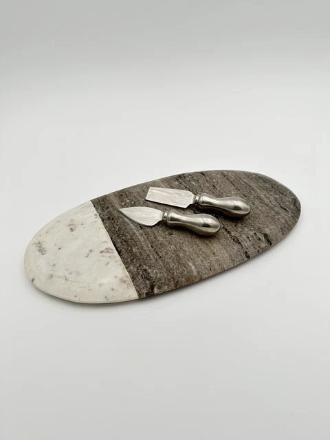 Two Tone Marble Board Server w/ Knives - Charcuterie, Cheese, Meat, Etc