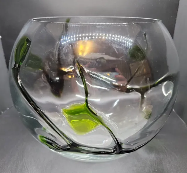 Large JL Jaakko Liikanen Green On Clear Hand Blown Art Glass Vase Fish Bowl