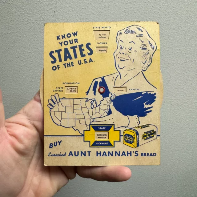 VTG Aunt Hannah's Bread KNOW YOUR STATES Advertising Spinner Baur Bros Bakery