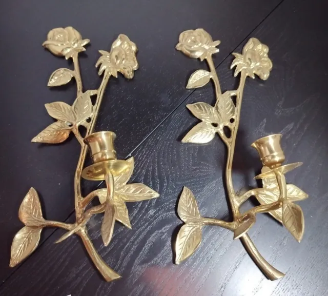 Vintage Style Set of 2 Brass Rose Candle Wall Sconces Farmhouses Style