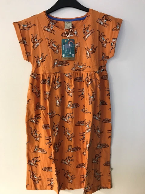 Frugi girl's Fran Jersey Dress, Marigold Tigers, age 9-10years
