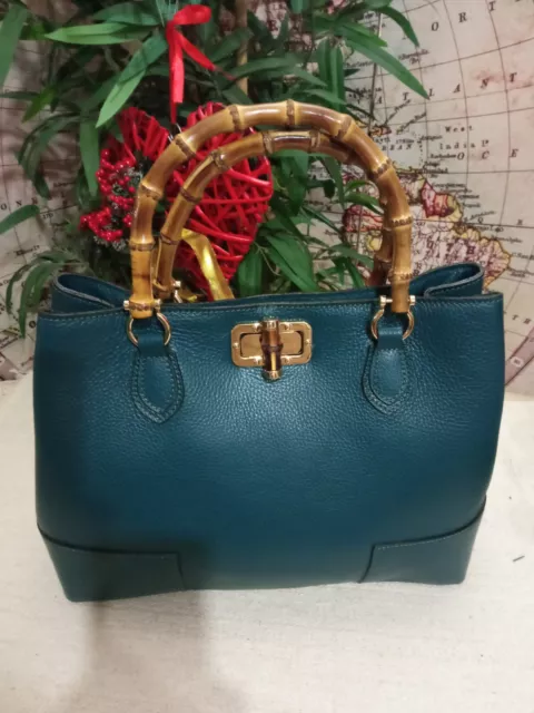 borsa vera pelle donna ragazza manici in bambù  ottanio genuine leather bag