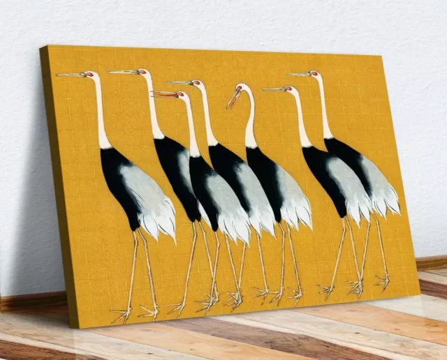 Mustard Canvas Wall Art Print Artwork Oriental Cranes Japanese