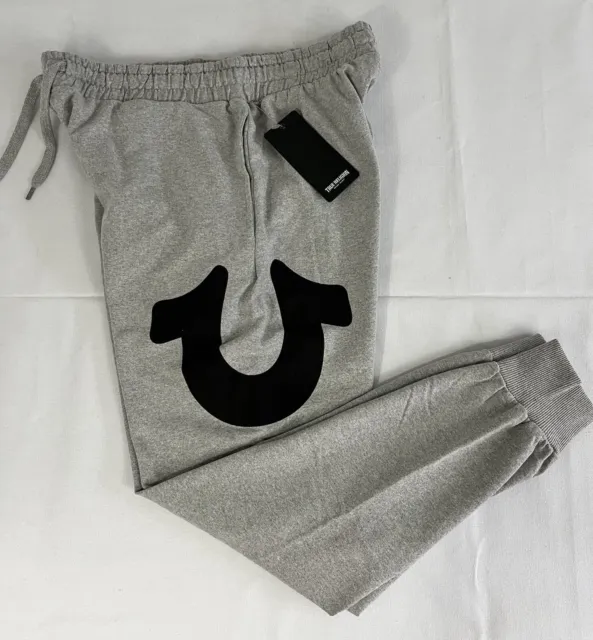 NWT TRUE RELIGION Mens Black Logo Jogger Pants Grey Lounge Sweatpants Medium
