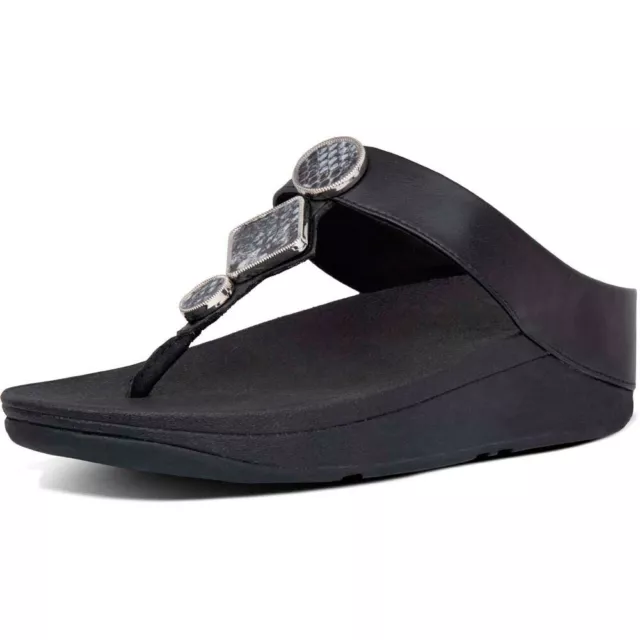 Fitflop Womens 8 Leia Leather Toe-Thongs Black Thong Sandals Flip Flop Snake