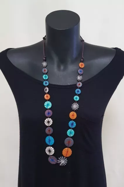 Black White Teal Mustard flat wooden beads strand necklace Yarn detail Fashion