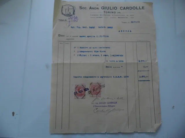 Fattura "Soc. Anon. GIULIO CARDOLLE TORINO" 1924 Con Marche da Bollo