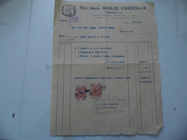 Fattura "Soc. Anon. GIULIO CARDOLLE TORINO" 1924 Con Marche da Bollo