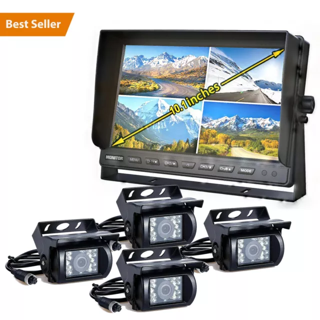 10.1" Quad Split Monitor +4X CCD Rear View Backup Camera System For Bus Truck RV