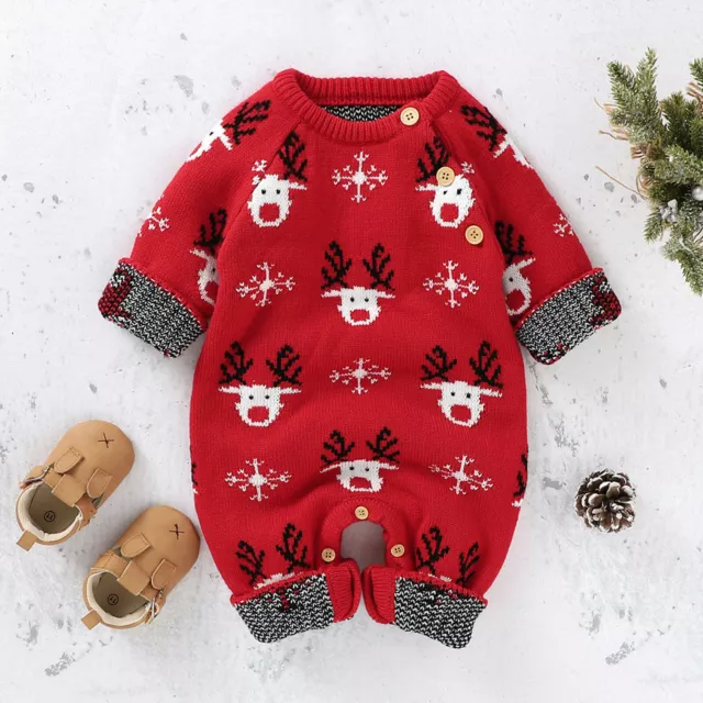 Newborn Baby Boys Girls Romper Jumpsuit Outfit Knitted Christmas Sweater Clothes