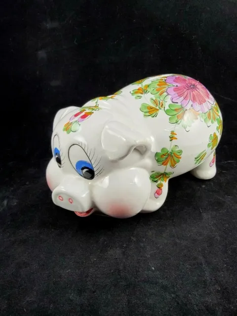 Italy Pottery Ceramic Piggy Bank Floral Hand Painted Pig Figurine 2