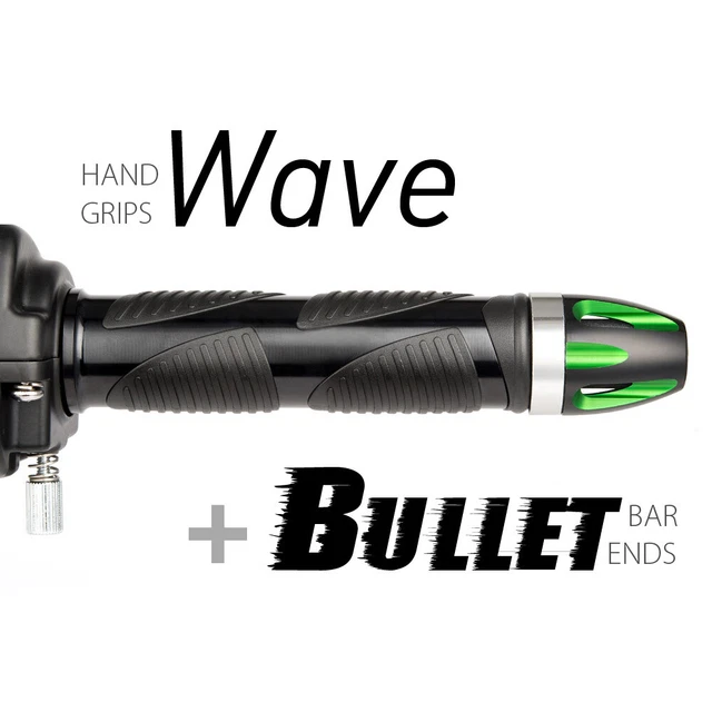 KiWAV Motorcycle Wave Grips Black with Bullet Bar Ends Green/Silver