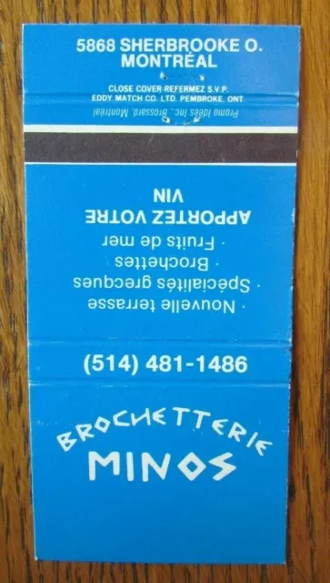 Greek Restaurant Matchbook Matchcover: Minos Brochetterie (Montreal, Quebec) -E8