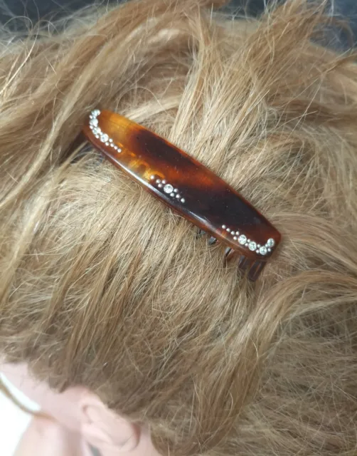 Vintage Faux Tortoise Shell Hair Comb Rhinestones Made In France Hair Barrette