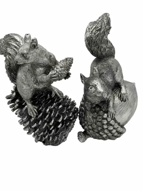 Vintage Squirrels Figurines Pair Silver Tone Acorn Pine Cone 8 Inches Tall