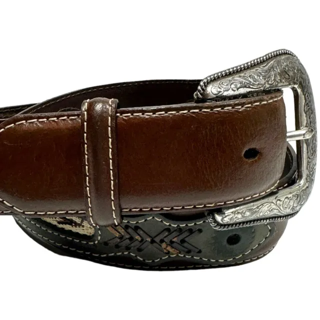 Nocona Ribbon Inlay Brown Leather Western Belt 1.5" Men's 32 Style N2476044