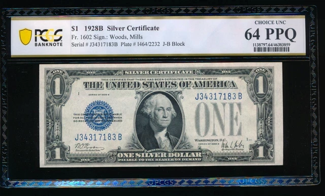 AC 1928B $1 Silver Certificate PCGS 64 PPQ J-B block  Fr 1602