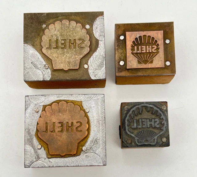 Lot of 4 Vintage Letterpress Printing Block Shell Gasoline Advertising Logo