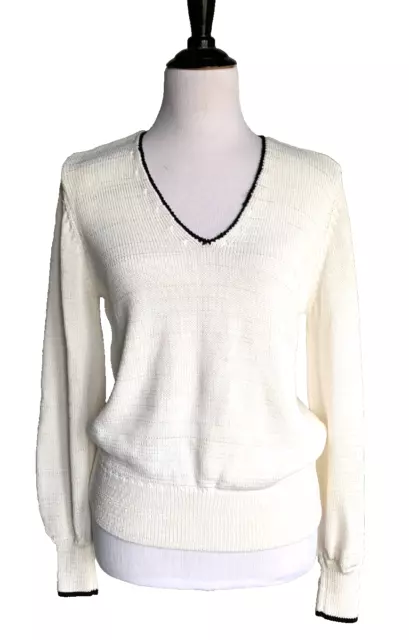 REISS Sweater Womens Large White Talia Long Sleeve V Neck Contrast Trim Jumper