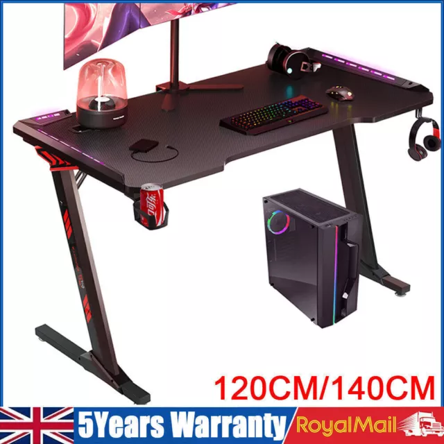 LED Ergonomic Gaming Desk Computer Table with Cup Holder Cable Management, Black