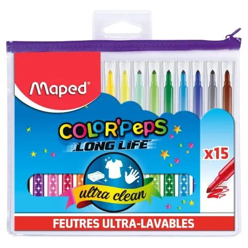 Maped - Feutres Long Life - 15 Feutres de Coloriage Ultra-lavables et Longue Dur