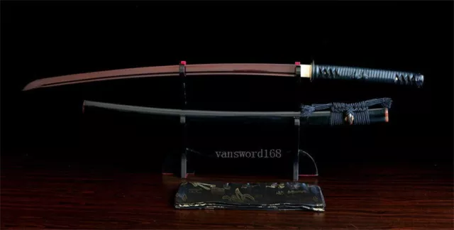 Damascus Folded Steel Japanese Katana Samurai Sword Red Blade Buffalo Horn Saya 2