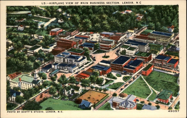 Lenoir North Carolina main business section airplane view linen postcard