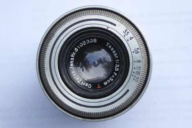 Objektiv Carl  Zeiss Jena  Tessar 1:3,5 F=5 cm rotes T Nr. 3102008 versenkbar