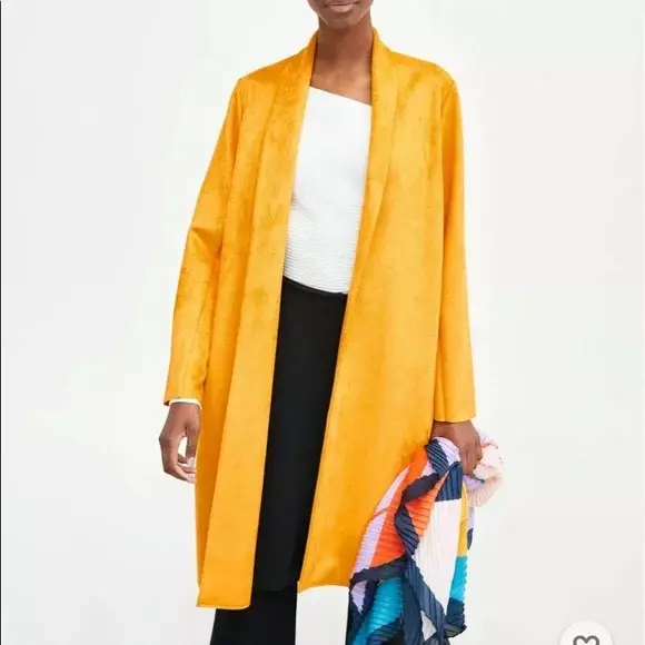ZARA Collection womens OVERCOAT DUSTER Sz L spring YELLOW Faux SUEDE Stunning