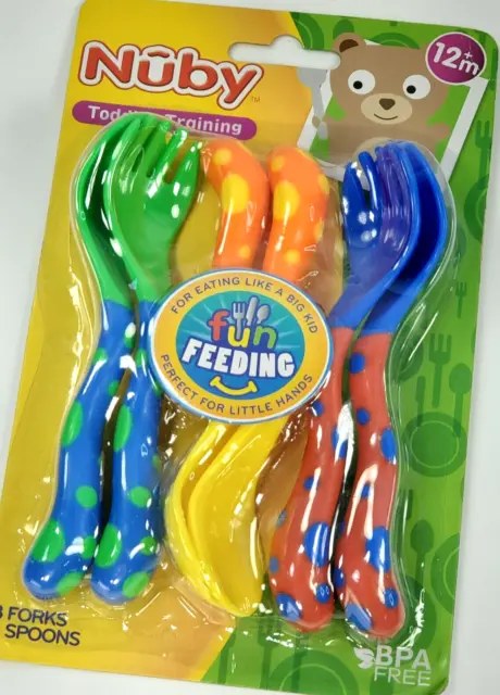 NUBY Toddler Fork & Spoon Set of 6 FUN FEEDING Utensils For Little Hands