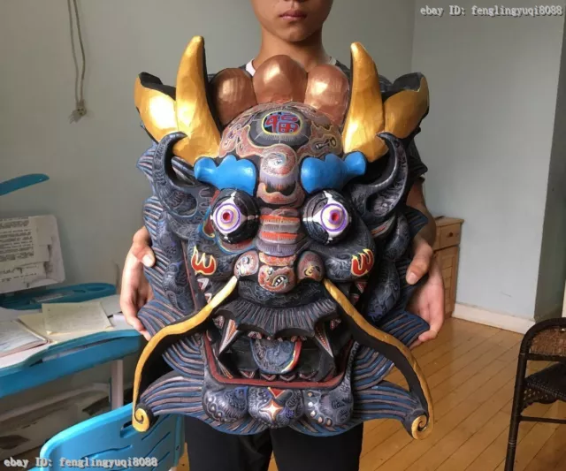 China Folk Wood Carved Hand-painted Drawing Color Dragon Head Mask Statue