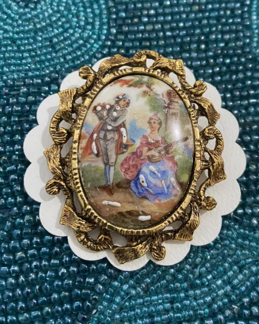 Vtg.Limoges France large size 2.28”Porcelain Hand Painted Victorian Scene Brooch