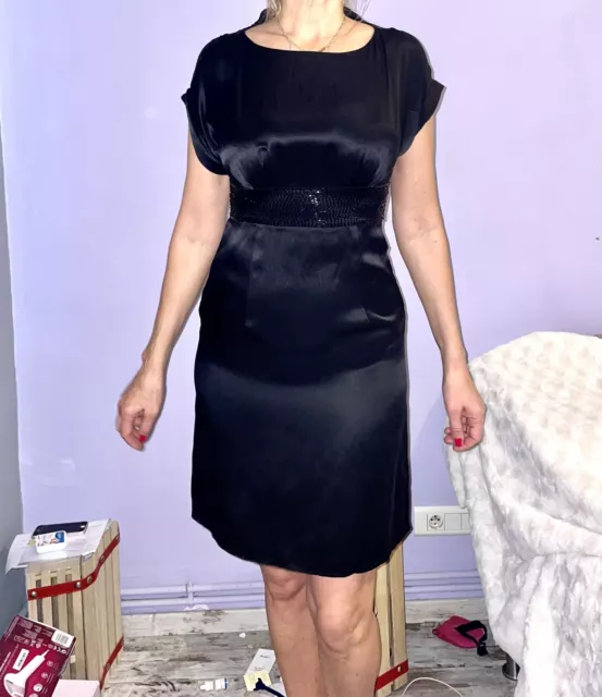 Robe en véritable soie noir Sinequanone soirée paillettes perles ceinture