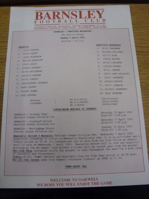 05/04/1993 Barnsley Reserves v Sheffield Wednesday Reserves  . Thanks for viewin