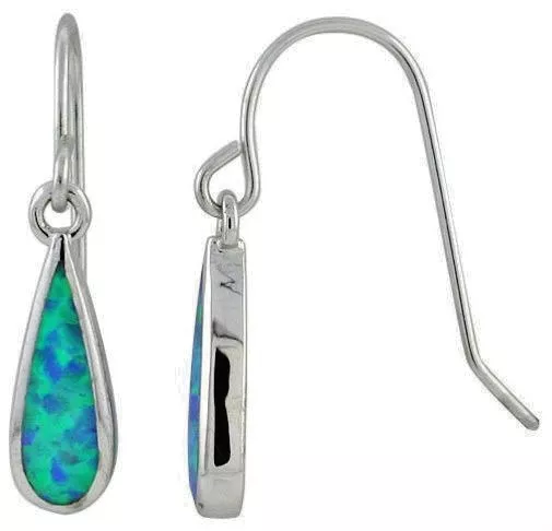 Created Blue Opal Inlay Dangle Tear Drop Earrings Sterling Silver