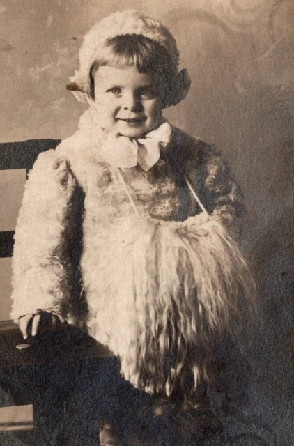 RPPC Girl w Hand Warmers? Christmas Card Vintage Unused Photo Postcard Badger
