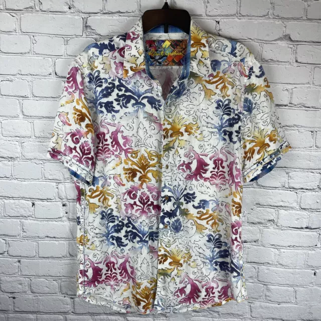 Robert Graham Shirt Men's Large Floral Short Sleeve Button Hawaiian 100% Linen