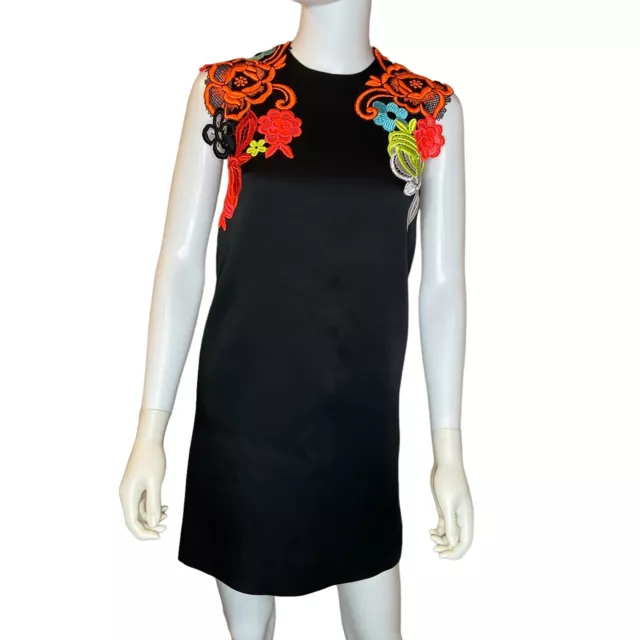 Christopher Kane 2016 Decades Black Neon Floral Embroidered Mini Dress sz 2