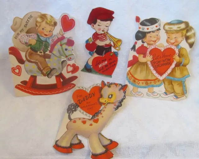 Lot of 4~Large Vintage Flocked Velvet Valentines Day Cards~Hallmark~Indian Girl