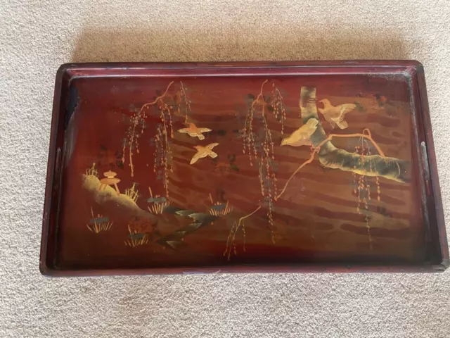 Antique Chinese Chinoiserie Lacquer Papier Mache Tray Birds Weeping Willow Tree