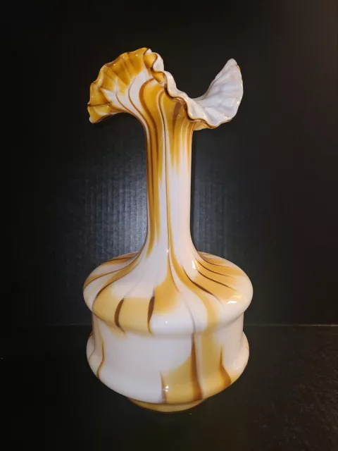 Vintage LG Vase Art Deco Murano Carl Moretti Yellow White Brown Ruffle Top MCM