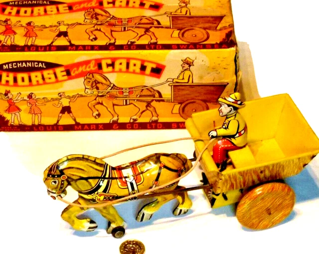 SPLENDID VINTAGE BOXED TINPLATE TIN TOY CLOCKWORK MARX HORSE & CART