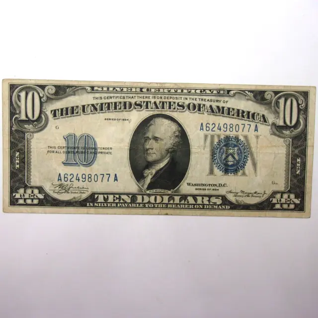 1934 Series TEN DOLLAR SILVER CERTIFICATE $10.00 U.S. Bank Note *BLUE SEAL MULE* 3