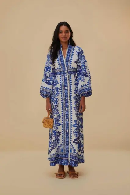 NW AUTH FARM RIO Off-White Blue Flora Tapestry Maxi Dress SZ LARGE L  LAST ONE!!