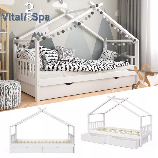 Bett Kinderbett Hausbett Kinderhaus Design Weiß 90x200cm Schublad VitaliSpa